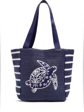 Vera Bradley Navy Blue Stripes Straw Woven Tote with Sea Turtle